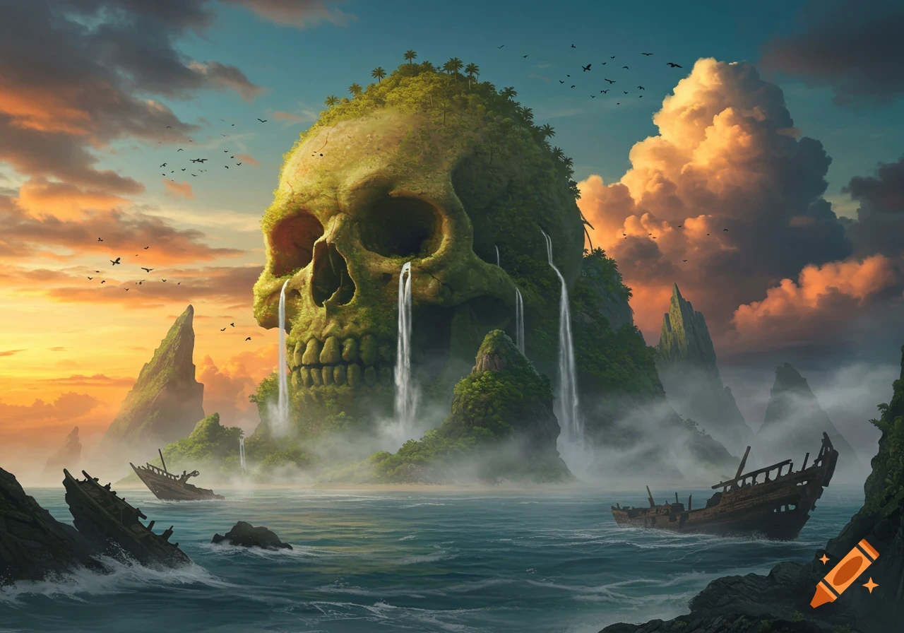 A massive island shaped like a moss-covered skull with waterfalls from its eyes, surrounded by shipwrecks and water under a vibrant sunset sky.