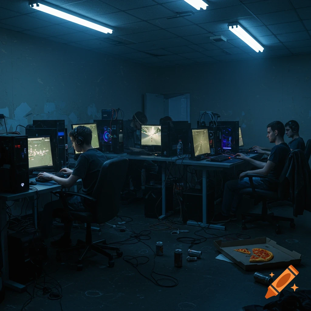 Photorealistic image of young men gaming at computers in a dimly lit, messy LAN party room with pizza and cans on the floor.