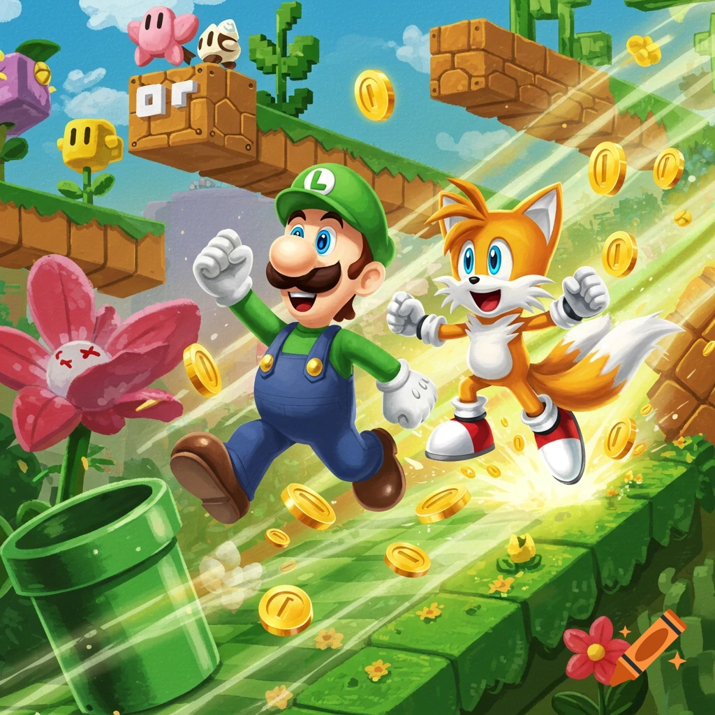 Luigi and Tails run through a vibrant, colorful Mario-style video game level, with coins, blocks, and plants around them.