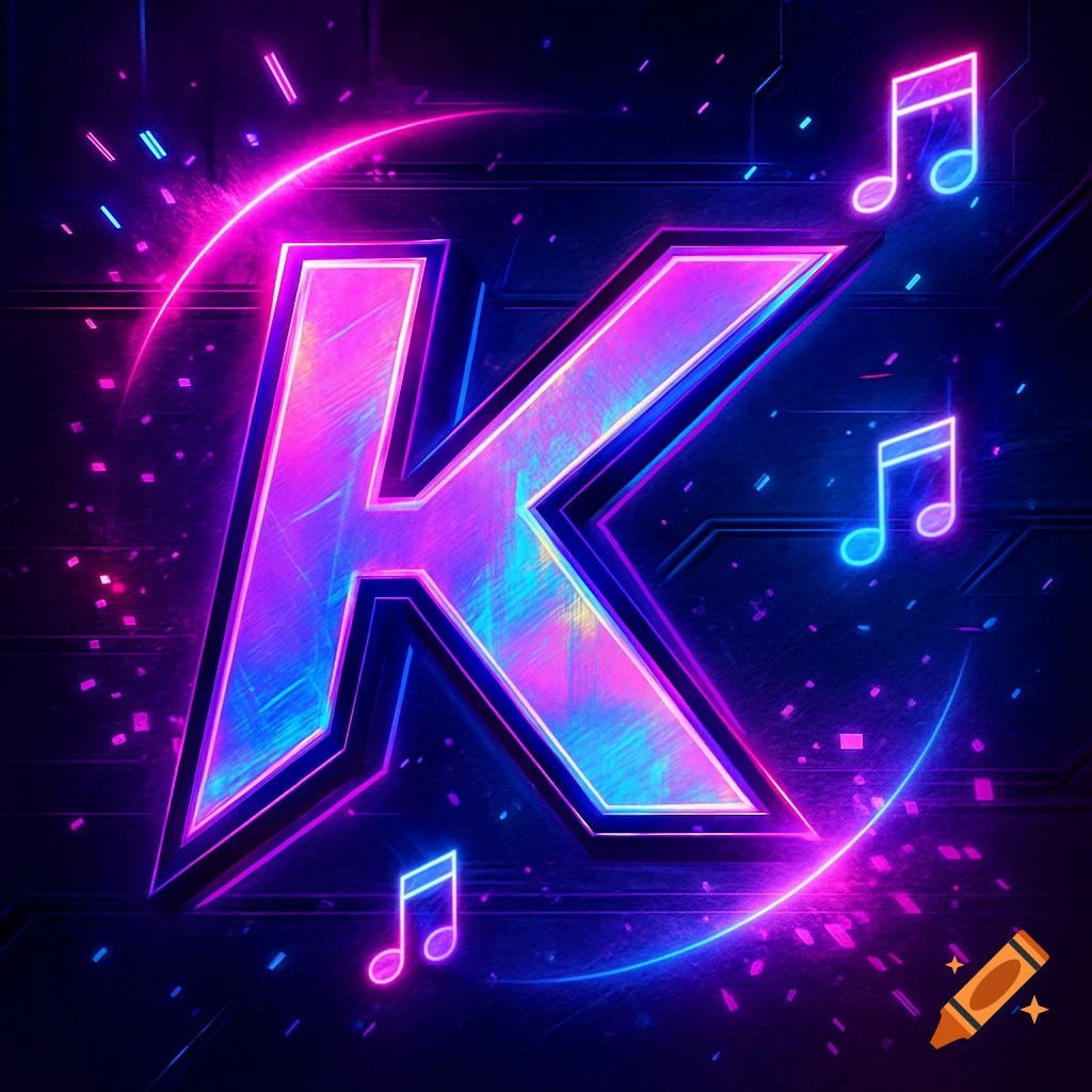 A stylized, glowing neon letter K in pink and blue, surrounded by swirling light trails and musical notes on a dark, circuit-like background.