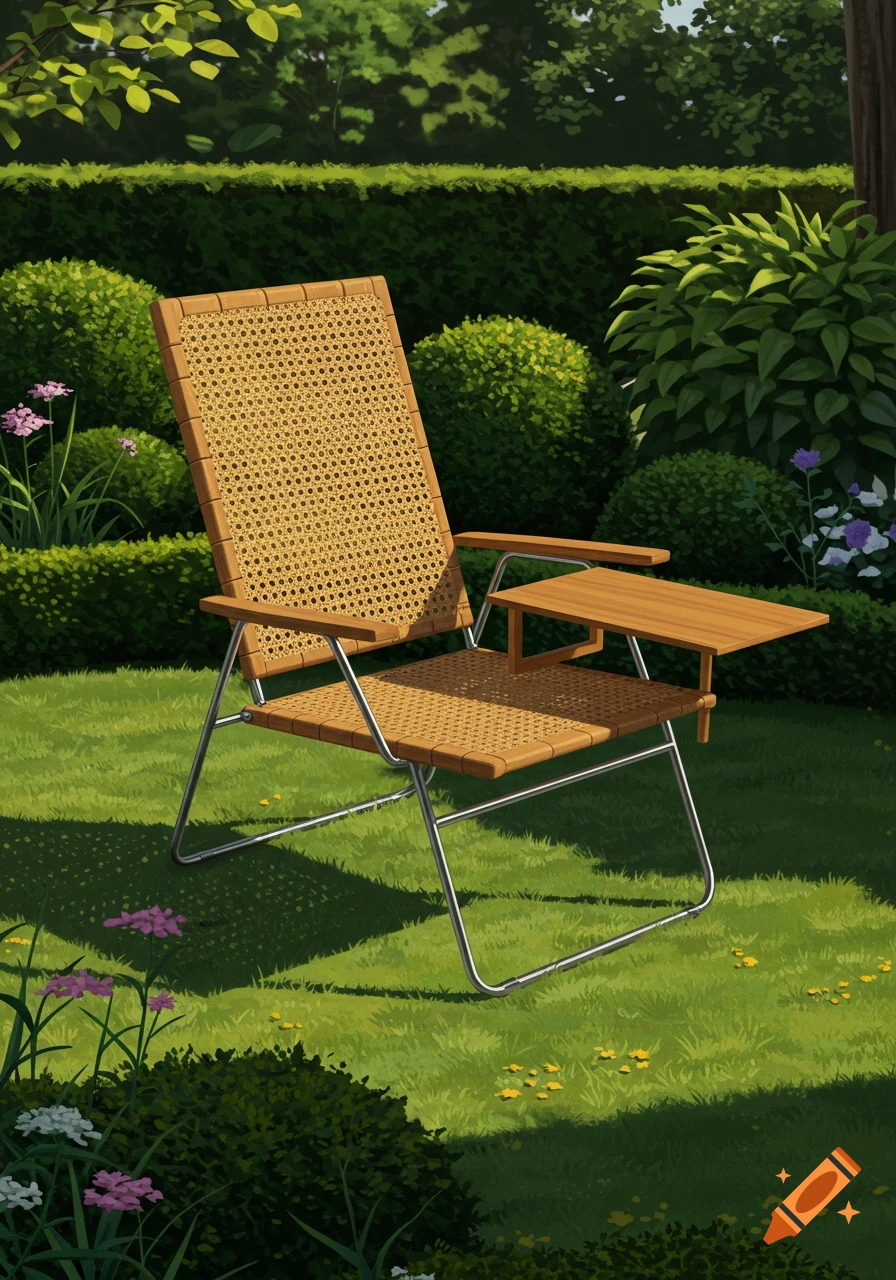 A wooden and metal lawn chair with a side table attachment sits on green grass in a sunny garden.