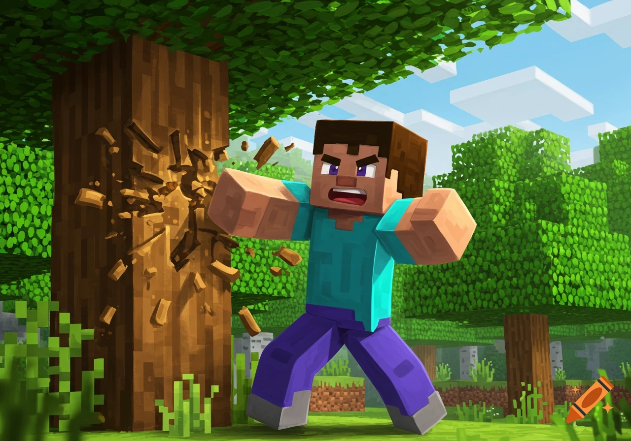 A Minecraft player character, Steve, punches a tree, causing wood blocks to fly off in a blocky, stylized forest scene.