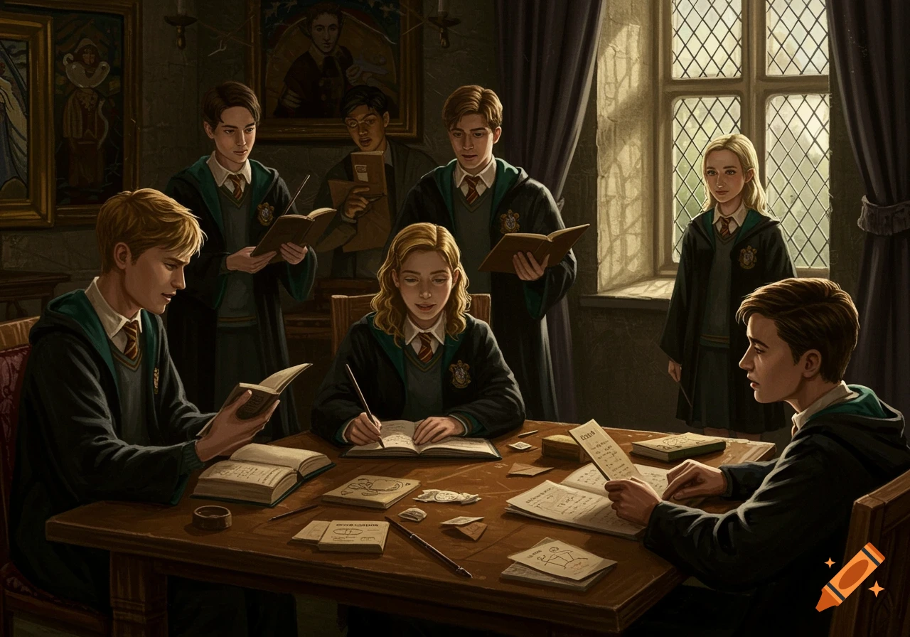 A group of young students in Hogwarts-style robes are gathered around a wooden table, reading books and writing, in a dimly lit castle room.