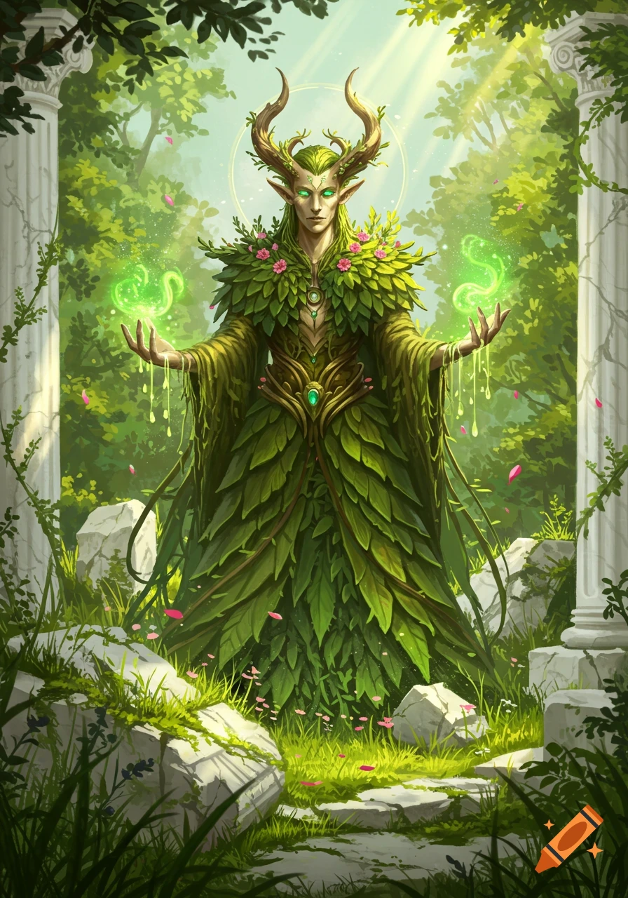 A horned nature spirit with glowing green eyes and a leafy cloak stands in ancient ruins, casting green magic.