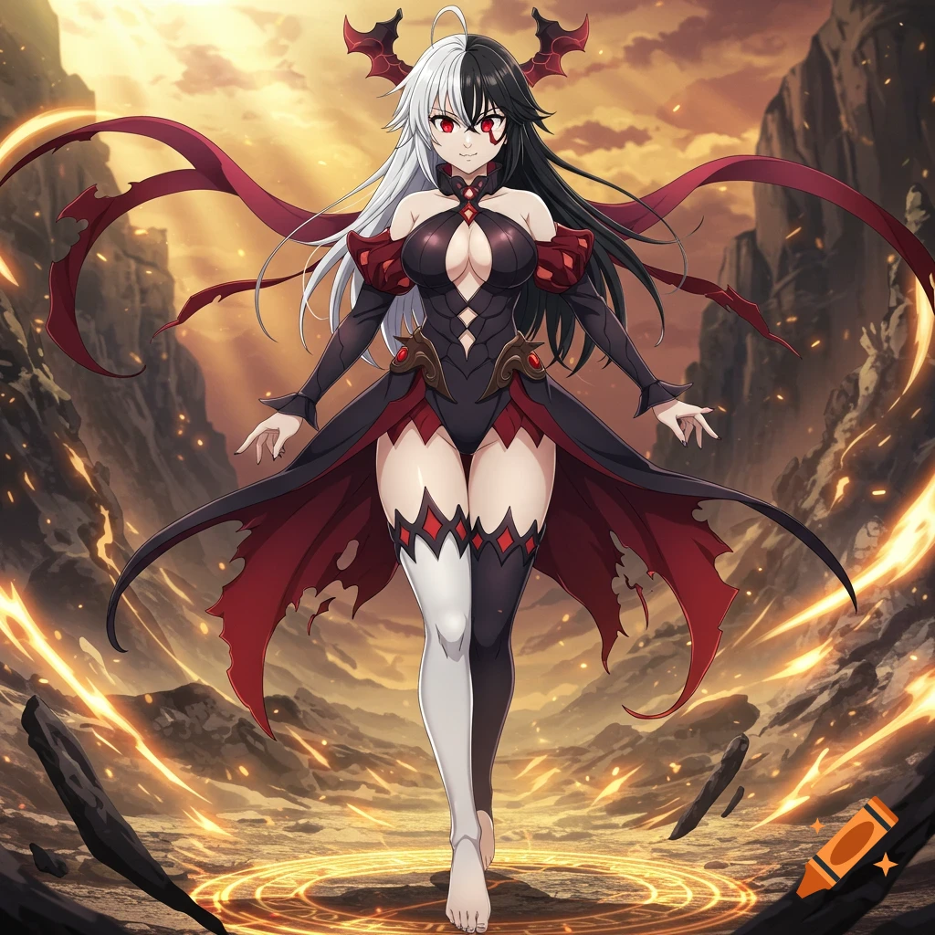 Anime-style character with split black and white hair and red eyes in a black and red outfit, standing in a fiery landscape.