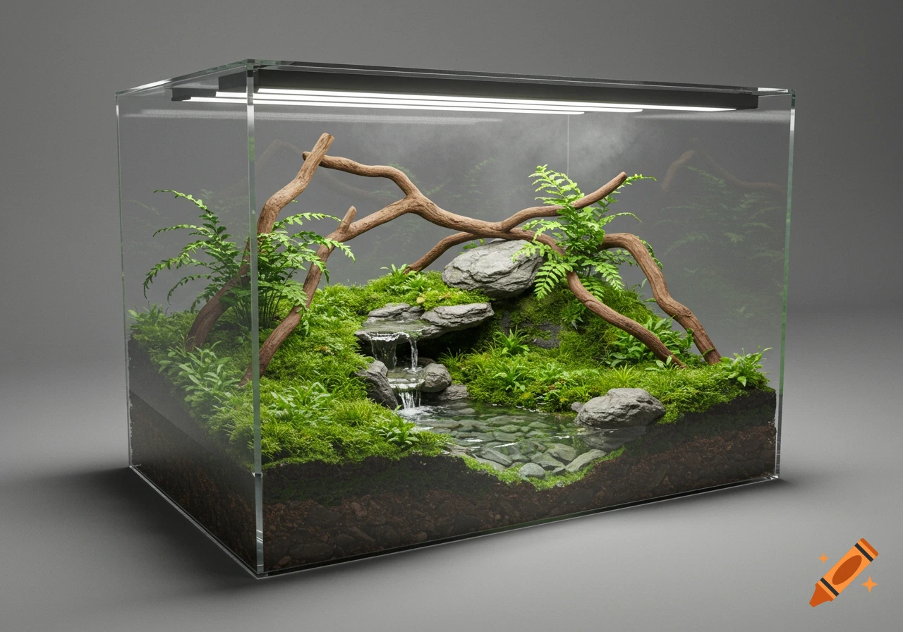 A detailed terrarium with lush green moss, ferns, driftwood, rocks, a small waterfall, and a clear pond, under a bright light.