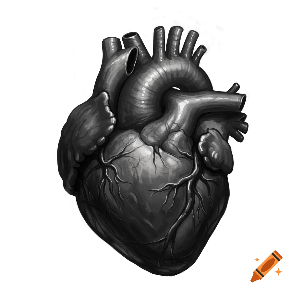 A realistic black and grey illustration of a human heart.