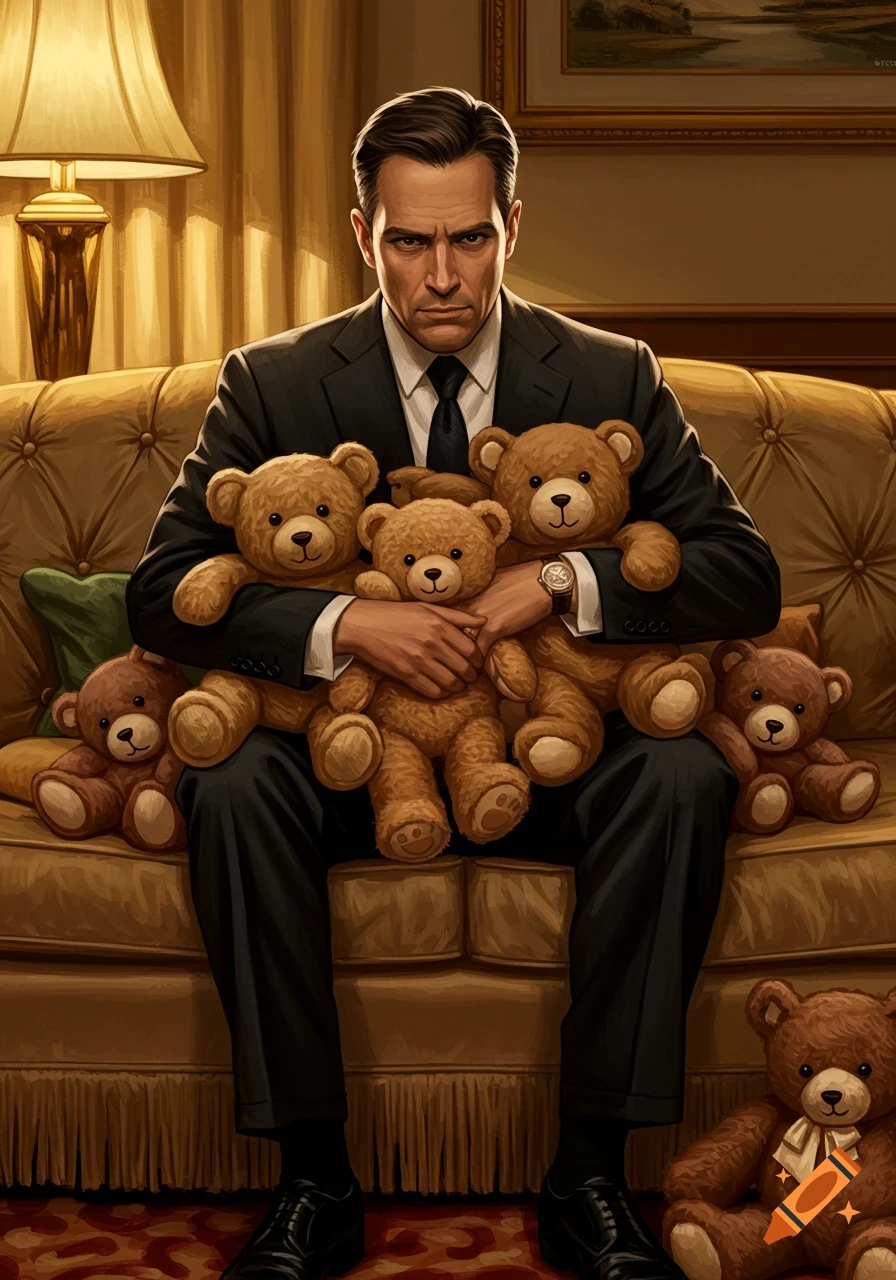 A stern-looking man in a dark suit sits on a gold couch, surrounded by ...