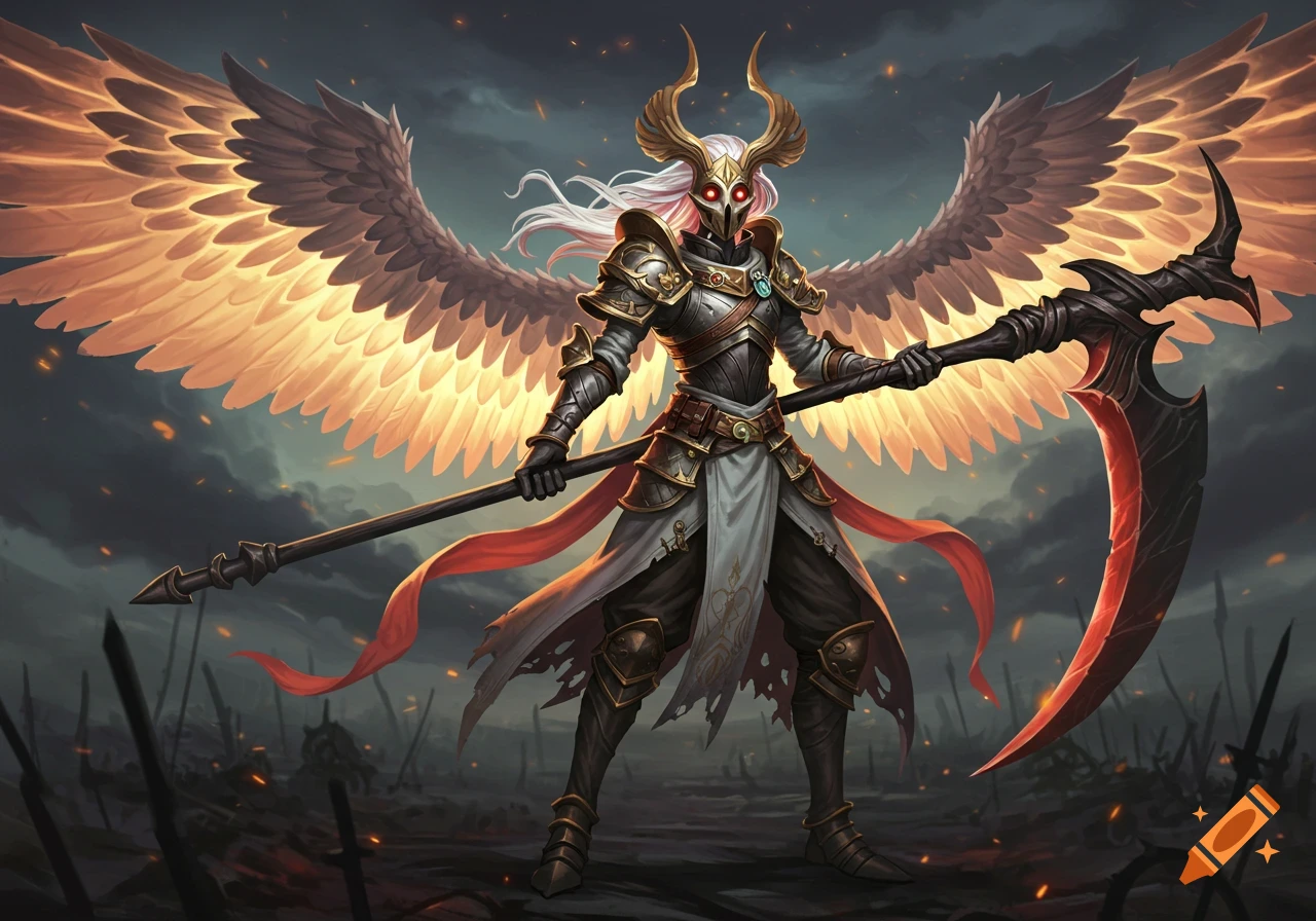 A winged warrior in ornate armor with a horned mask and glowing eyes holds a scythe on a desolate battlefield.