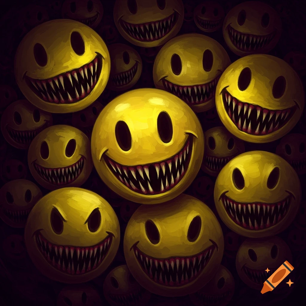 Numerous yellow smiley faces with sharp, jagged teeth and dark eyes, filling the frame in a creepy, art style.