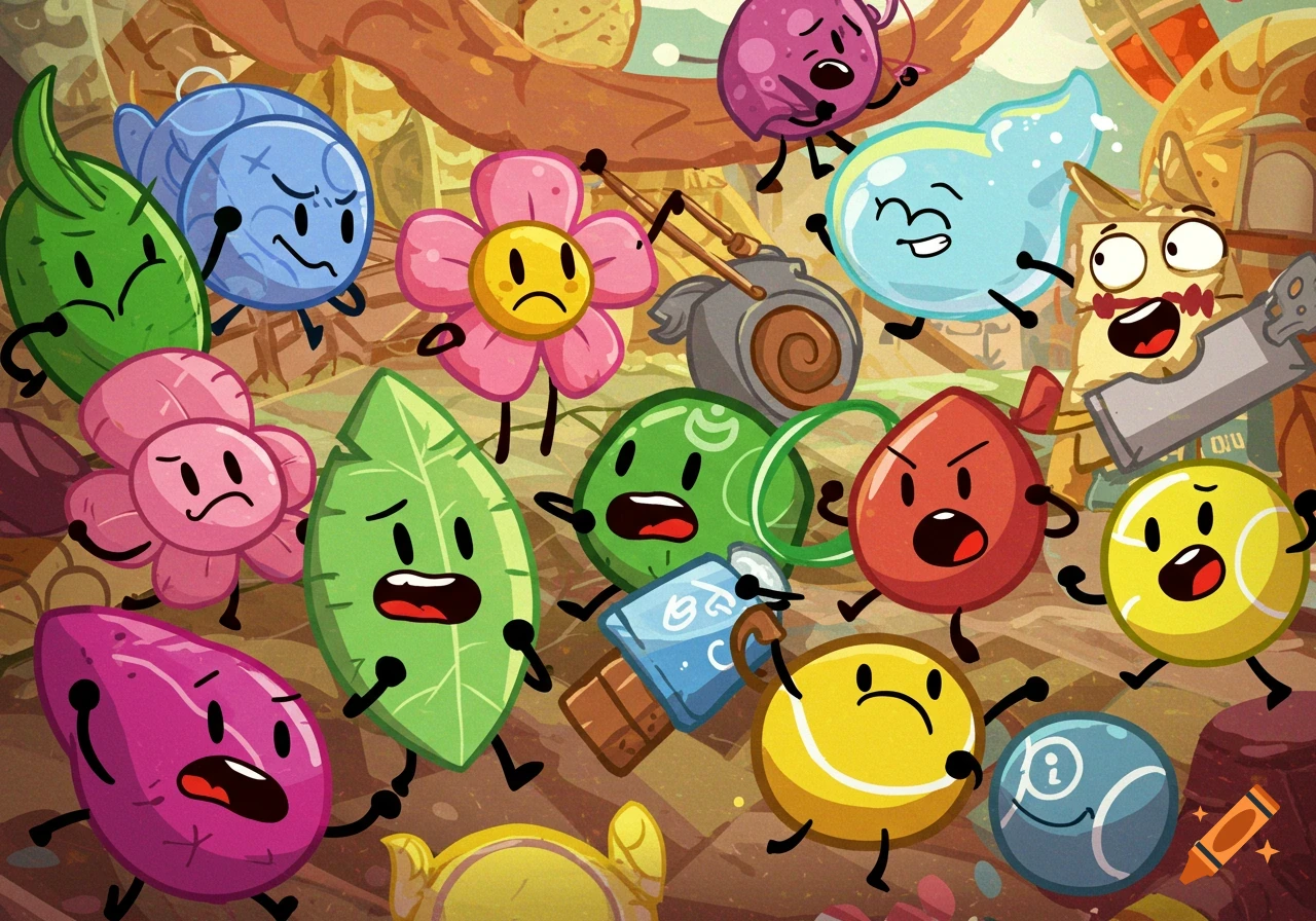 Vibrant cartoon illustration of many anthropomorphic objects, including leaves, flowers, and balls, with faces and limbs in a dynamic setting.