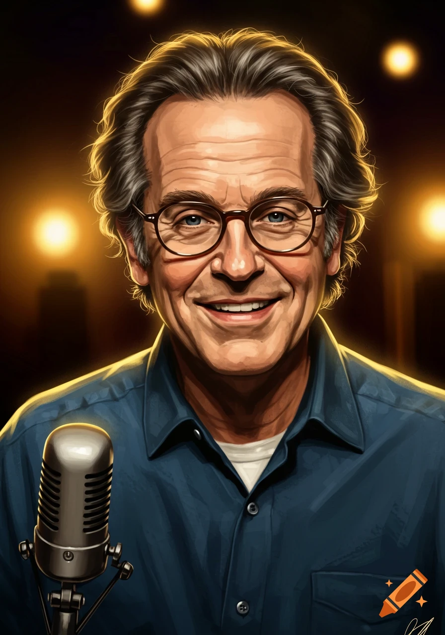 Digital art portrait of a smiling man resembling Artie Lange with glasses and graying hair, standing at a microphone.