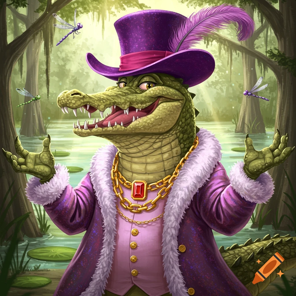 A cartoon alligator wearing a purple top hat, a purple fur coat, and a gold chain, stands in a swamp with dragonflies.