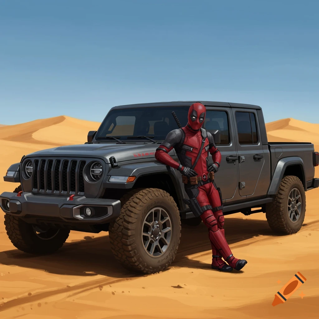 Deadpool leans against a gray Jeep Gladiator truck in a sandy desert environment with dunes under a clear sky.