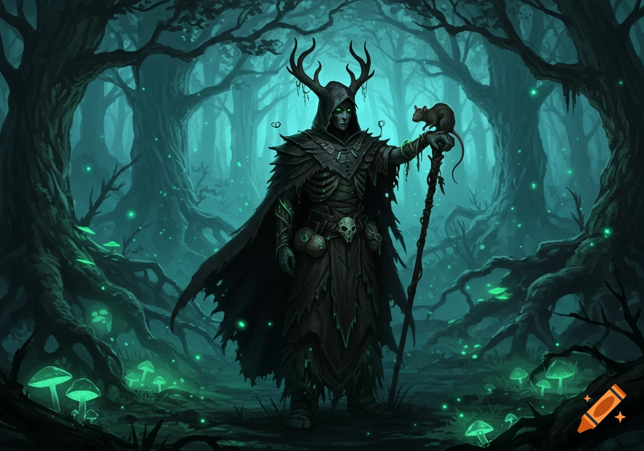 A dark druid-like sorcerer with antlers and glowing green eyes holds a rat in a glowing teal fantasy forest.