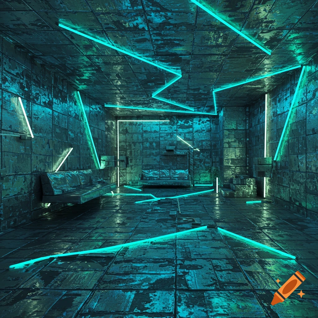 A futuristic, grungy room with distressed metallic walls and floor, illuminated by bright teal neon lights.