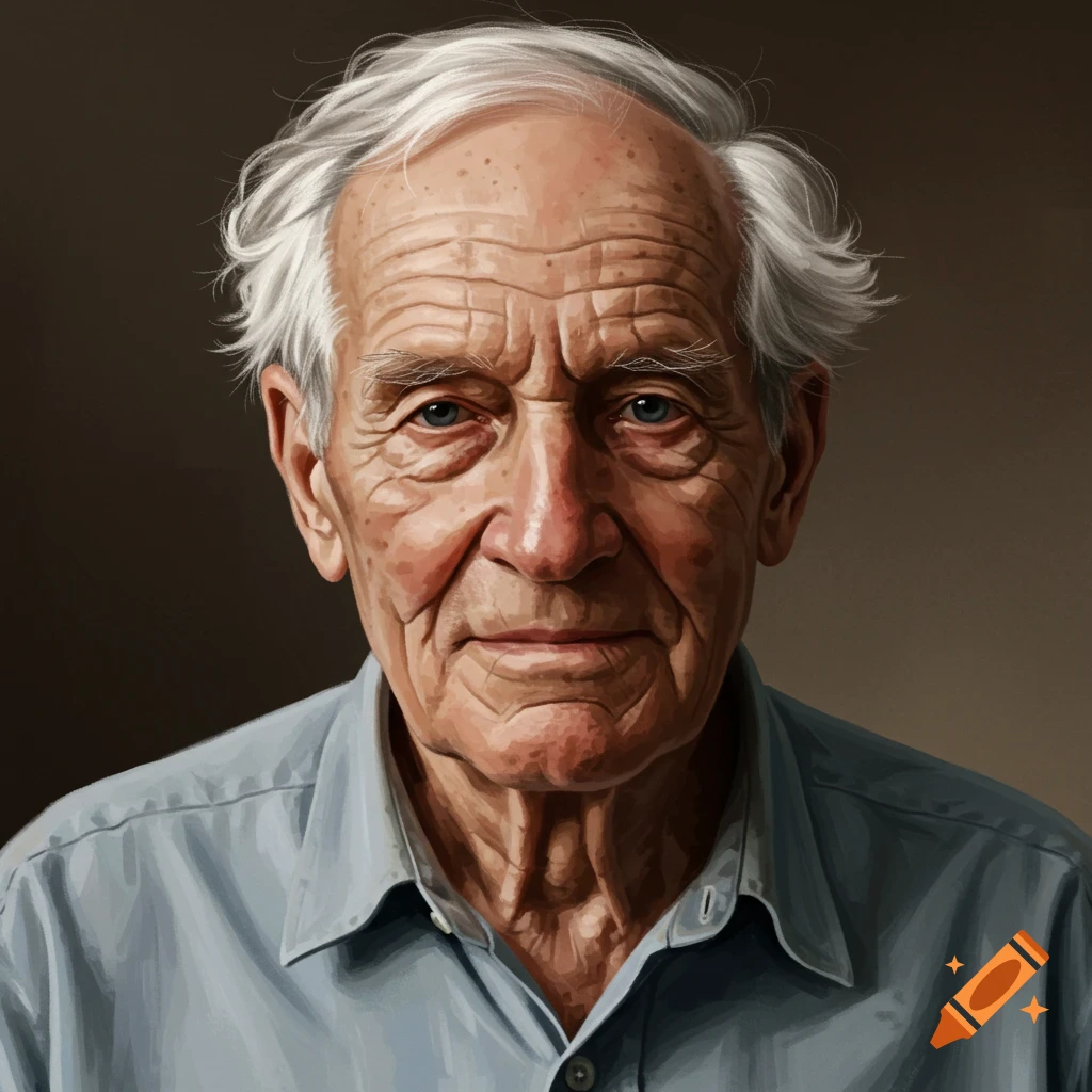 A highly detailed, realistic portrait of an old man with white hair and blue eyes, wearing a light blue shirt.
