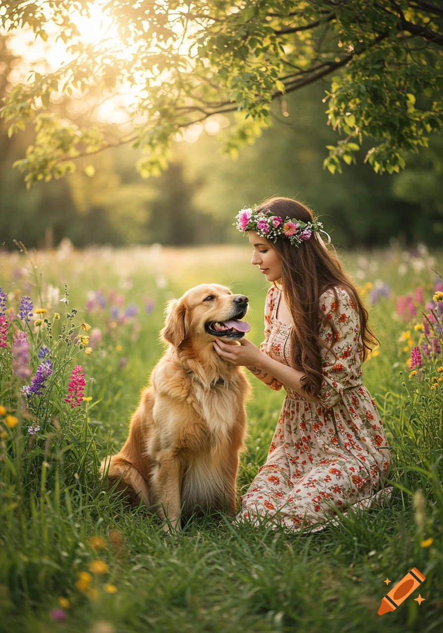 A woman in a floral dress and flower crown kneels in a field of wildflowers, petting a golden retriever, with sunlight dappling through trees.