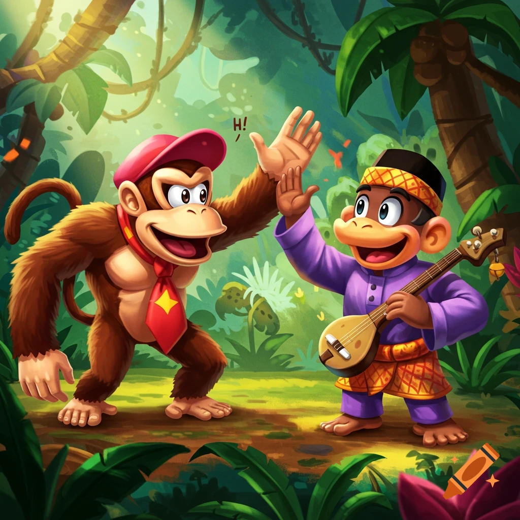 A cartoon monkey similar to Diddy Kong high-fives another cartoon monkey playing a lute in a lush jungle.