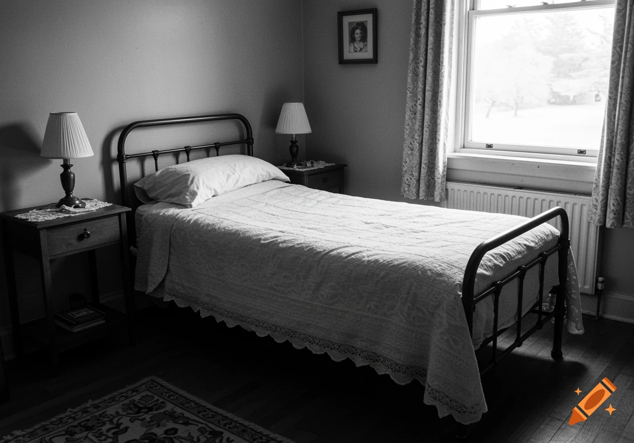 Black and white photo of a 1940s-style bedroom with a metal bed frame, white bedding, two bedside tables with lamps, and a large window.