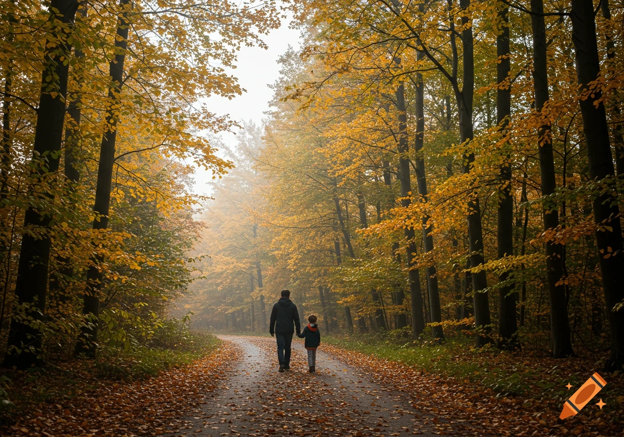 An adult and child walk hand-in-hand down a leaf-strewn path in a forest with golden autumn trees, seen from behind.