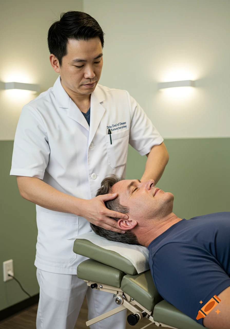 A male chiropractor in a white lab coat adjusts the neck of a male patient lying on an examination table.
