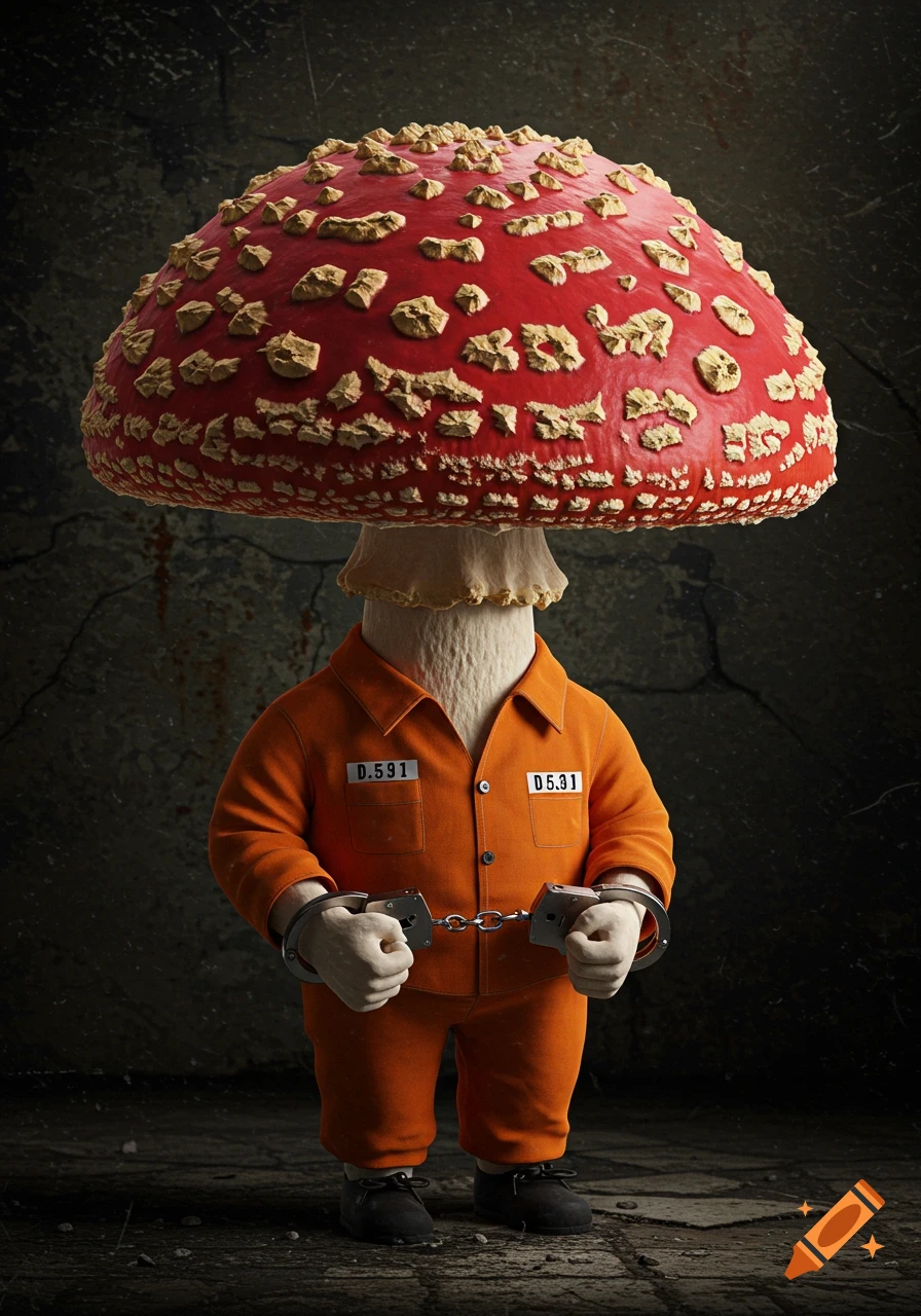 A photorealistic image of a mushroom character in an orange prison jumpsuit and handcuffs against a dark background.