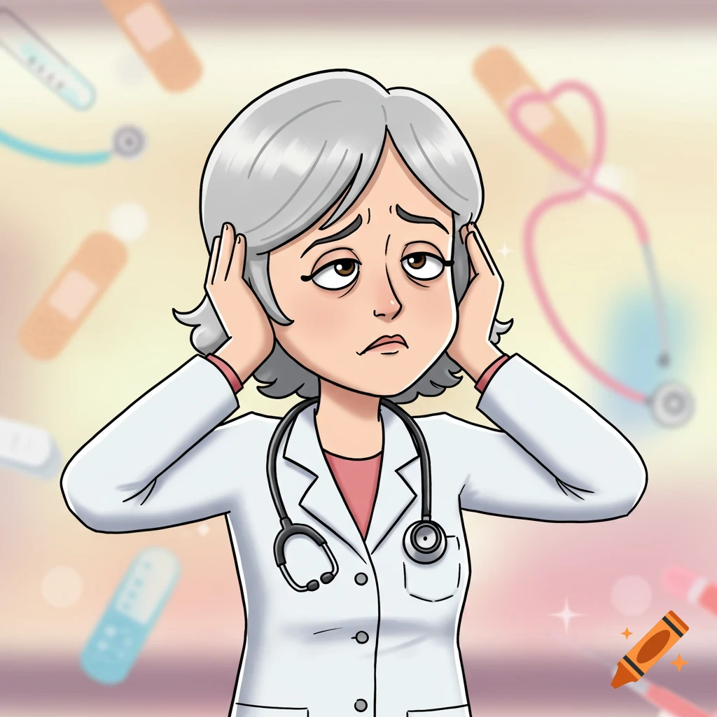 Cartoon doctor with gray hair, white lab coat, and stethoscope, covering her ears and rolling her eyes with a tired expression.