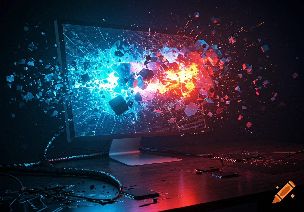 A computer monitor explodes into a vibrant burst of blue and red glowing cubic particles, with electronic components scattered on a dark desk.
