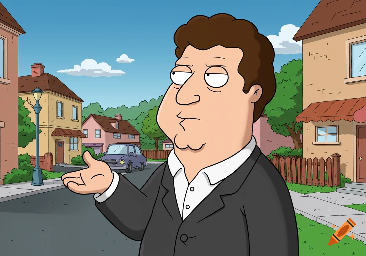 A cartoon man resembling a character from Family Guy, with brown hair and a black suit jacket, shrugging on a suburban street.