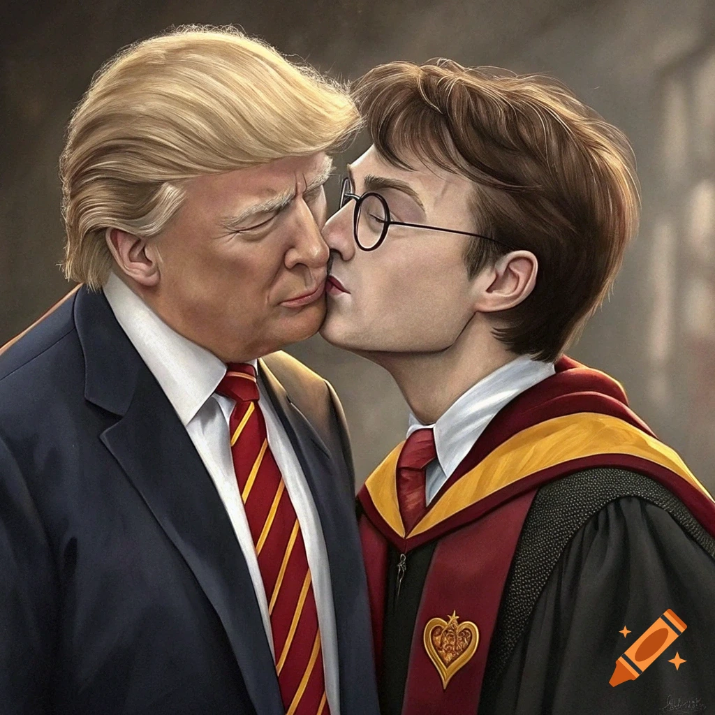 Digital painting of Donald Trump, with closed eyes, receiving a kiss on the cheek from Harry Potter, who is wearing a Gryffindor robe and round glasses.