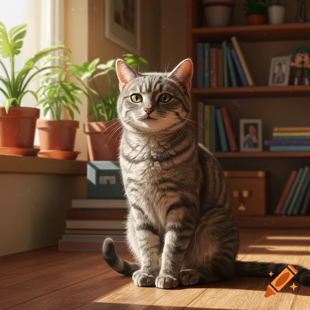 A photorealistic image of a grey tabby cat sitting on a wooden floor in a sunlit room, with plants and a bookshelf in the background.