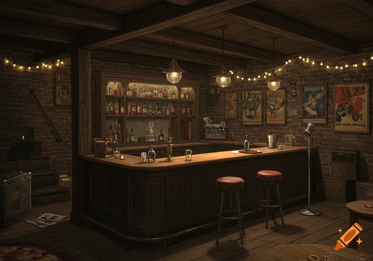 A dimly lit, cozy basement bar with a long wooden counter, bar stools, shelves of liquor bottles, and brick walls adorned with jazz posters and string lights.