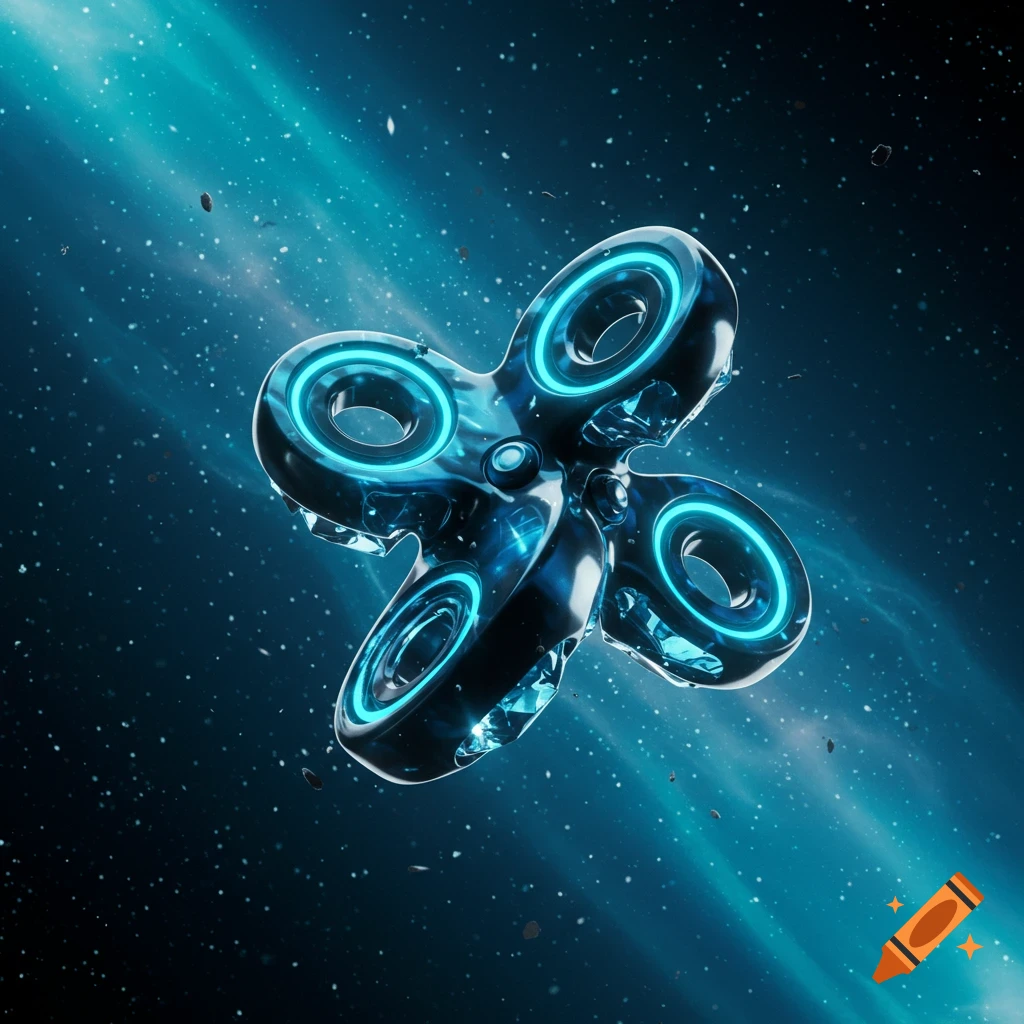 A futuristic, translucent blue fidget spinner with glowing neon rings floats in a dark starry space with a bright blue nebula.