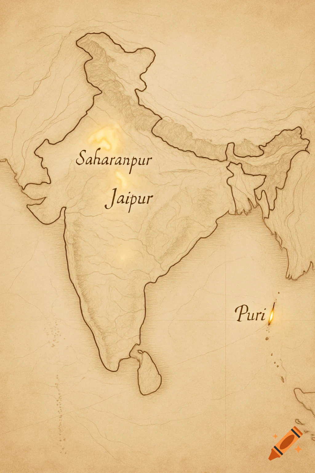 A sepia-toned, hand-drawn map of India highlighting Saharanpur, Jaipur, and Puri with glowing dots.
