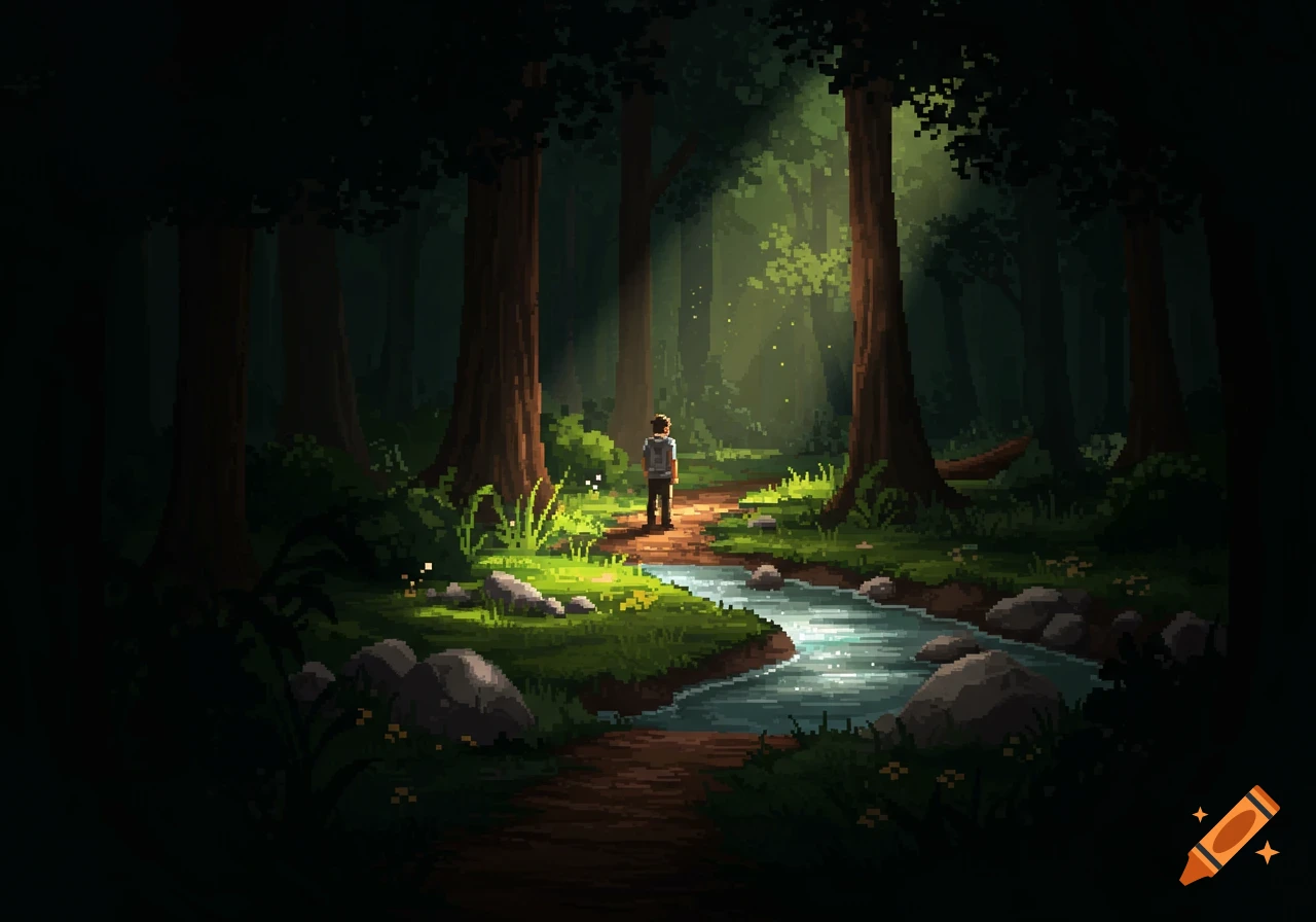 A person stands on a winding path in a dark pixelated forest, where sunlight streams through the canopy onto a sparkling stream.