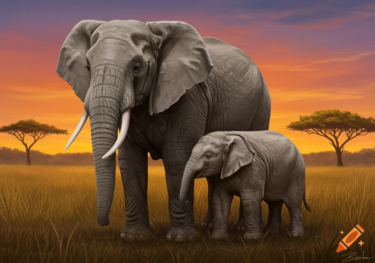 A mother and baby elephant stand in a golden savanna field at sunset.