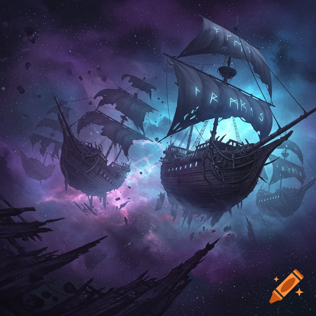 A dark fantasy fleet of destroyed ships with tattered sails floating through a vibrant purple and blue cosmic nebula.