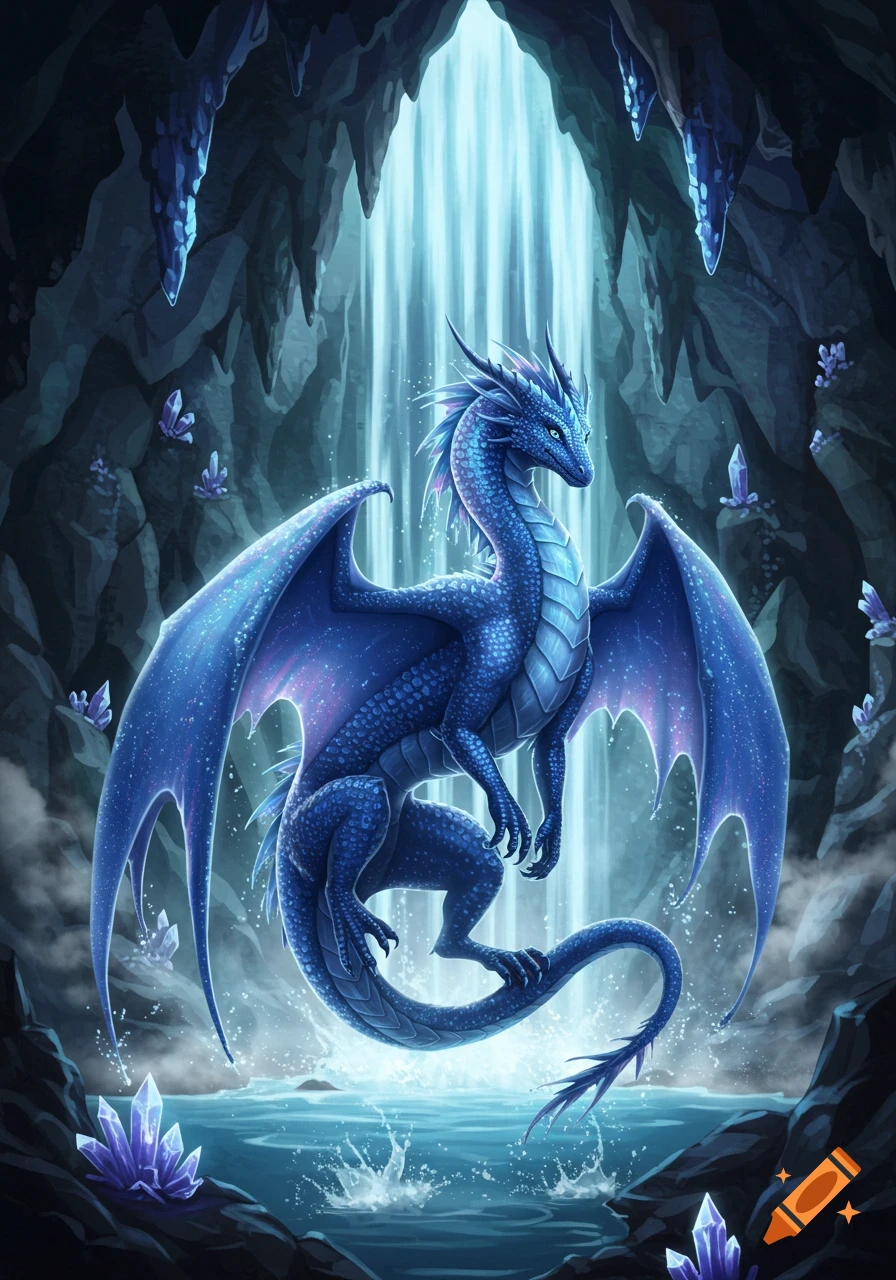 A majestic blue glittery dragon with large wings hovers over a pool of water inside a dark cave with a luminous waterfall and glowing crystals.