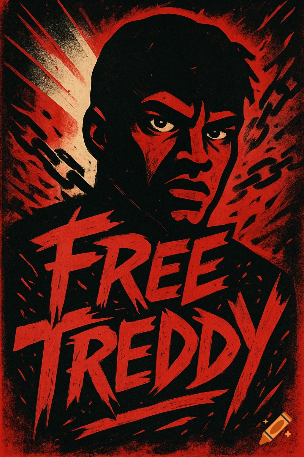 A red and black stylized poster of a man with chains and the text 'FREE TREDDY'.
