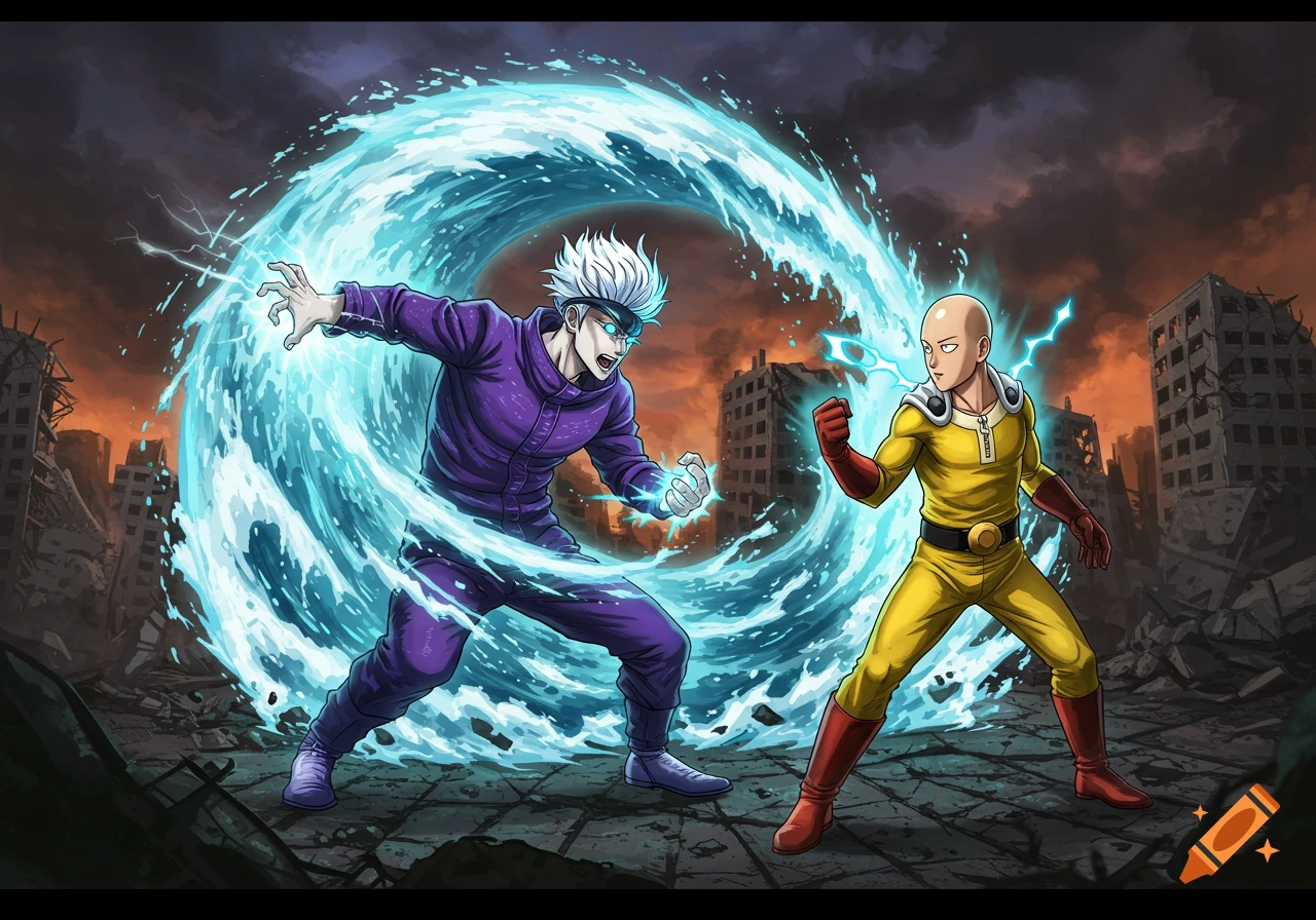 Gojo Satoru and One-Punch Man face off with energy attacks in a destroyed city, in an anime illustration style.