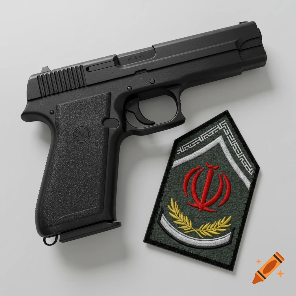 A black handgun and an Iranian military sergeant rank insignia patch lie on a plain, light background.