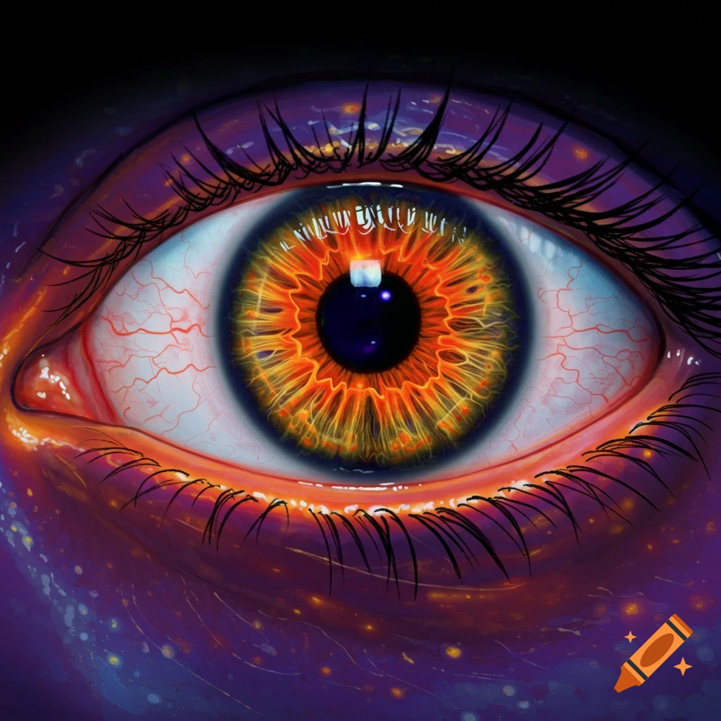 Close-up digital drawing of a vibrant eye with an orange and yellow thermal imaging effect, set against purple skin.
