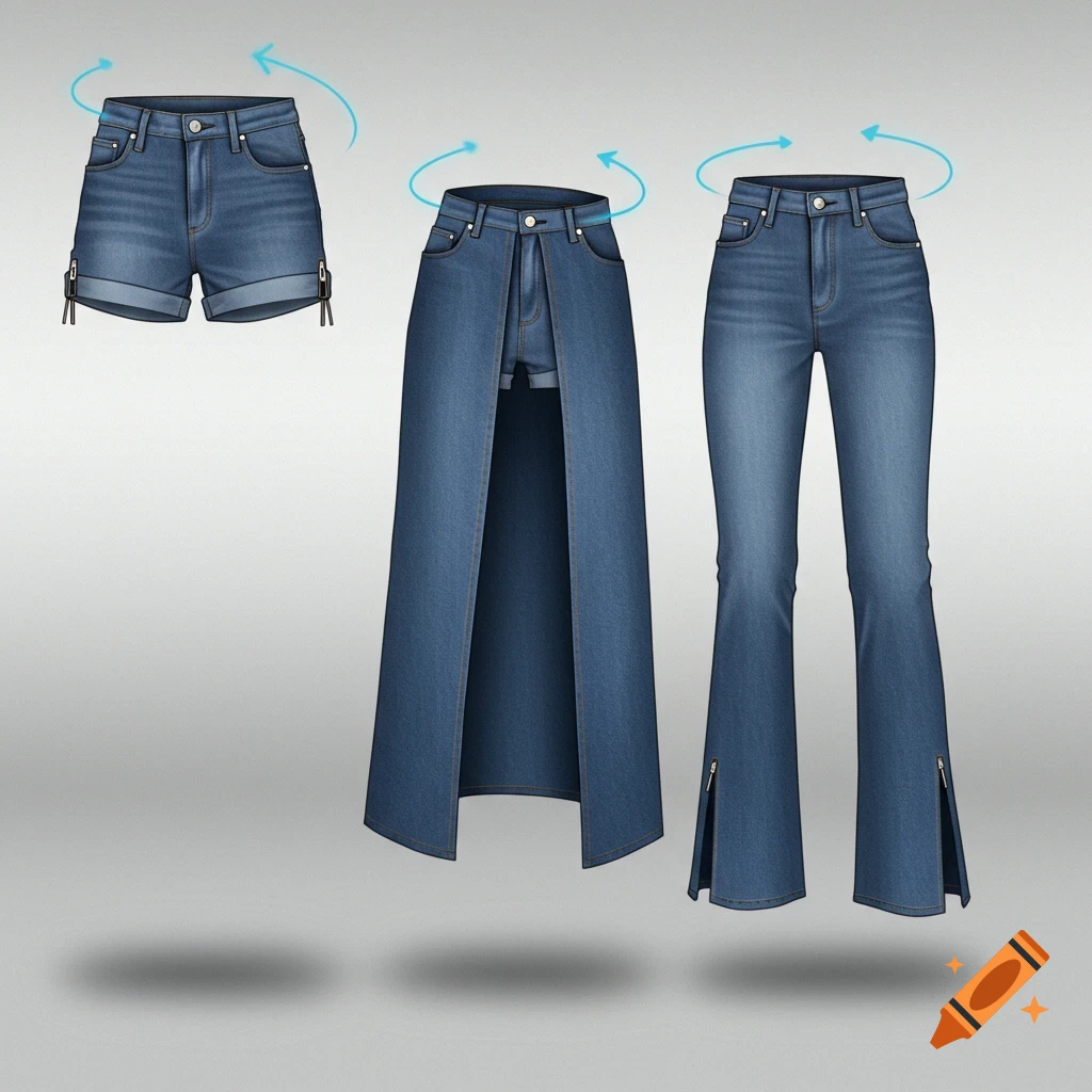 Illustration of blue denim shorts, a convertible long skirt, and wide-leg jeans with zippers.