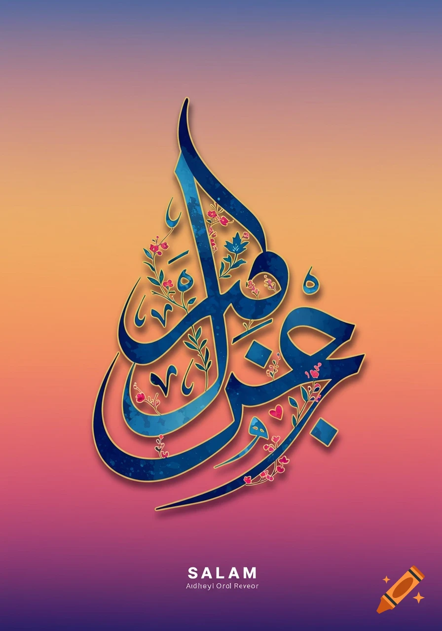 Blue Arabic calligraphy for 'Salam' with floral details, on a vibrant orange, pink, and purple gradient background.