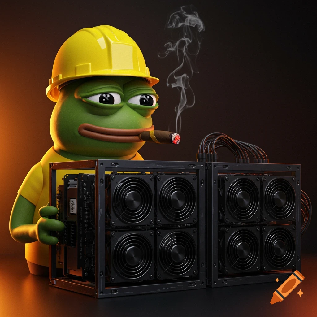 A 3D rendered Pepe the frog, wearing a yellow hard hat and smoking a cigar, stands next to a crypto mining rig.