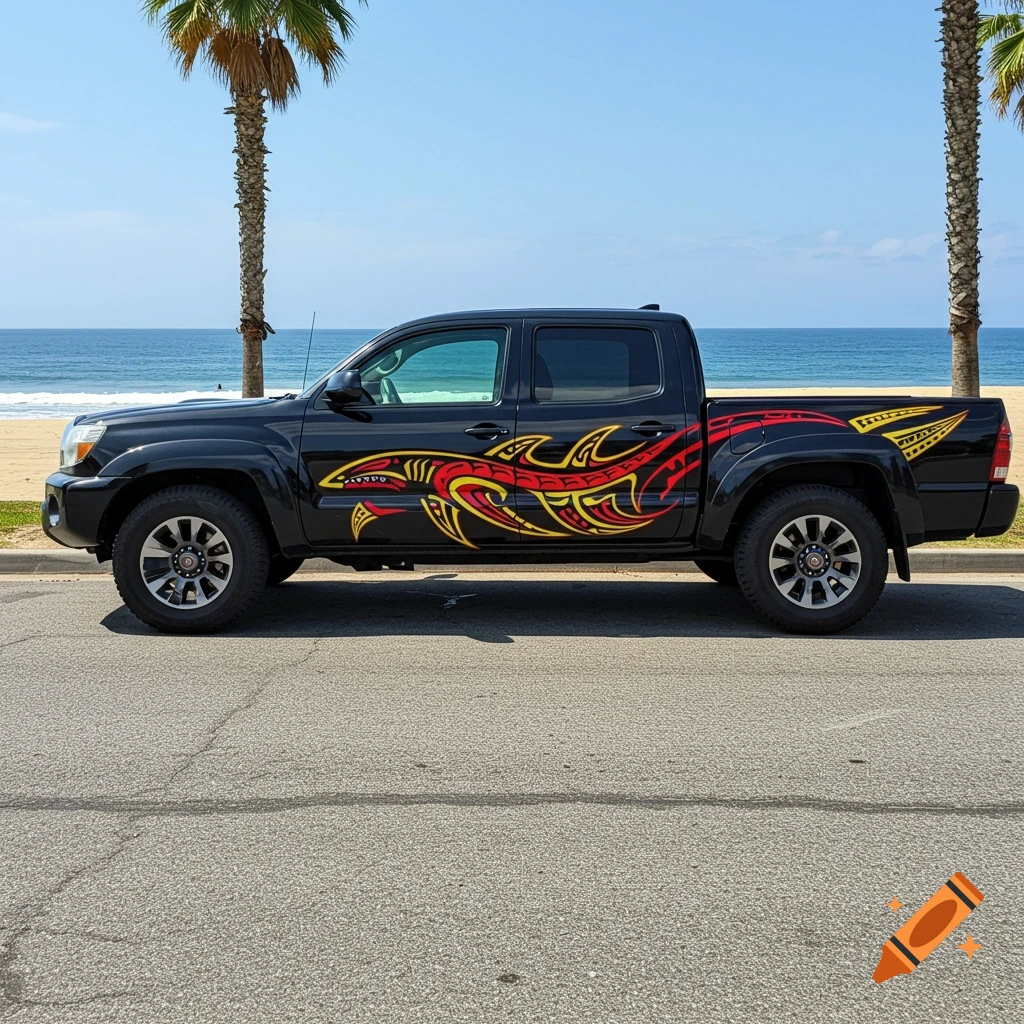 A black Toyota Tacoma truck with a red and yellow Polynesian tribal shark decal on its side, parked on a road next to a sunny beach with palm trees.