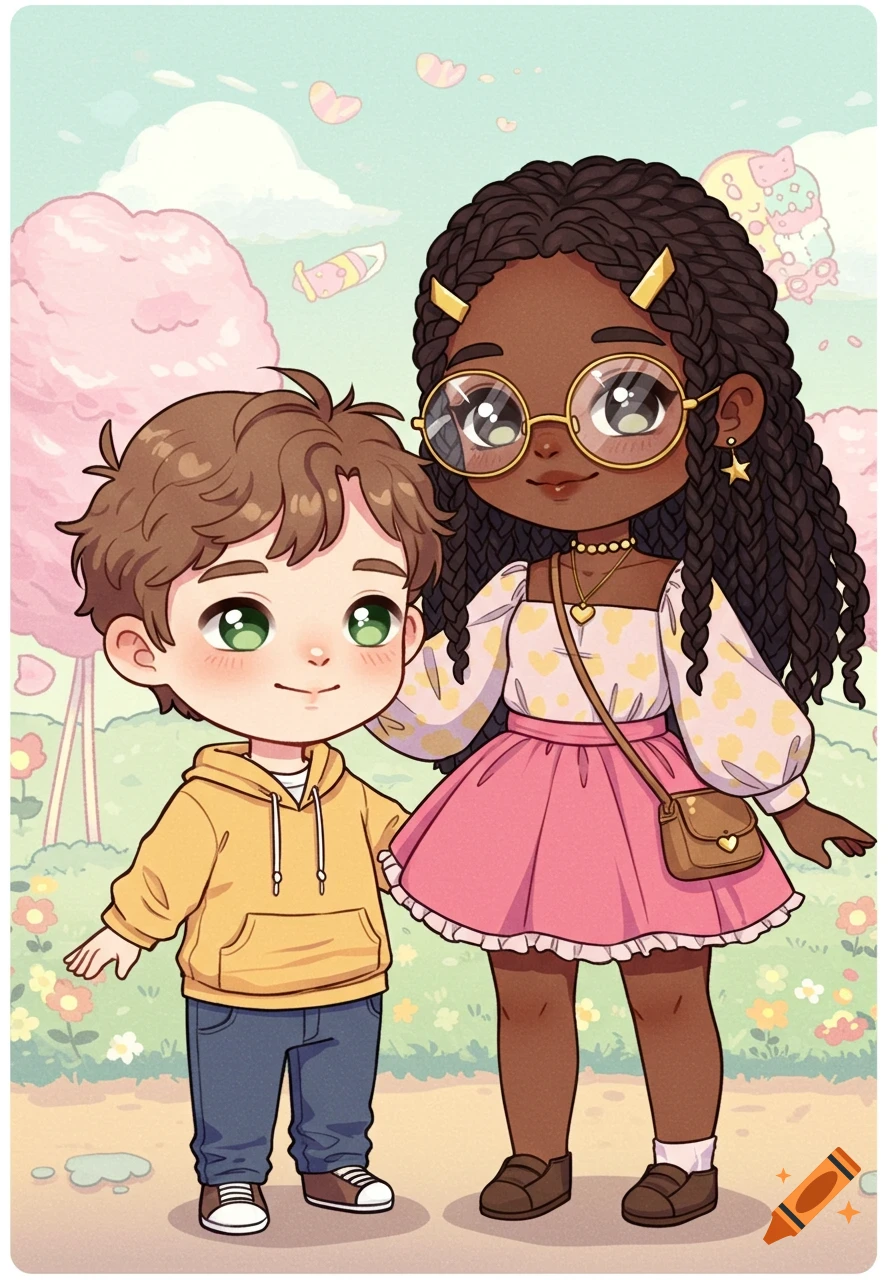A cute brown-haired boy and a Black girl with braids and glasses stand in a flowery landscape, kawaii cartoon style.