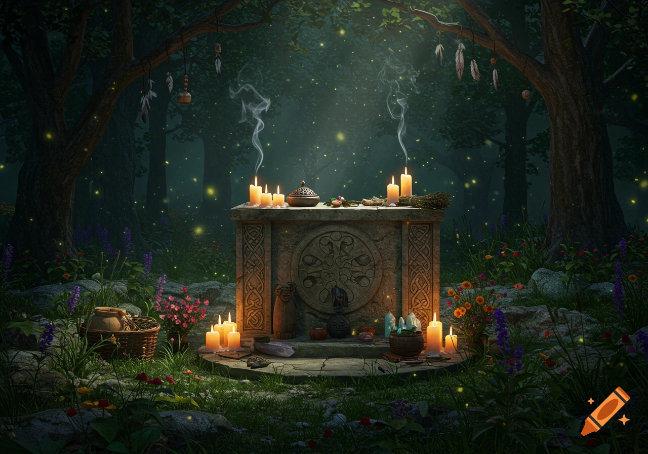 A stone pagan altar adorned with lit candles and offerings, surrounded by wildflowers and fireflies in a mystical dark forest.
