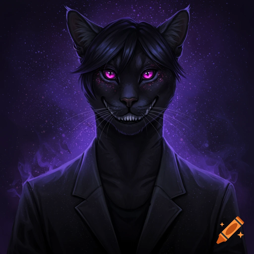Digital painting of a black anthropomorphic cat with glowing violet eyes and a wide, sinister grin against a purple starry background.